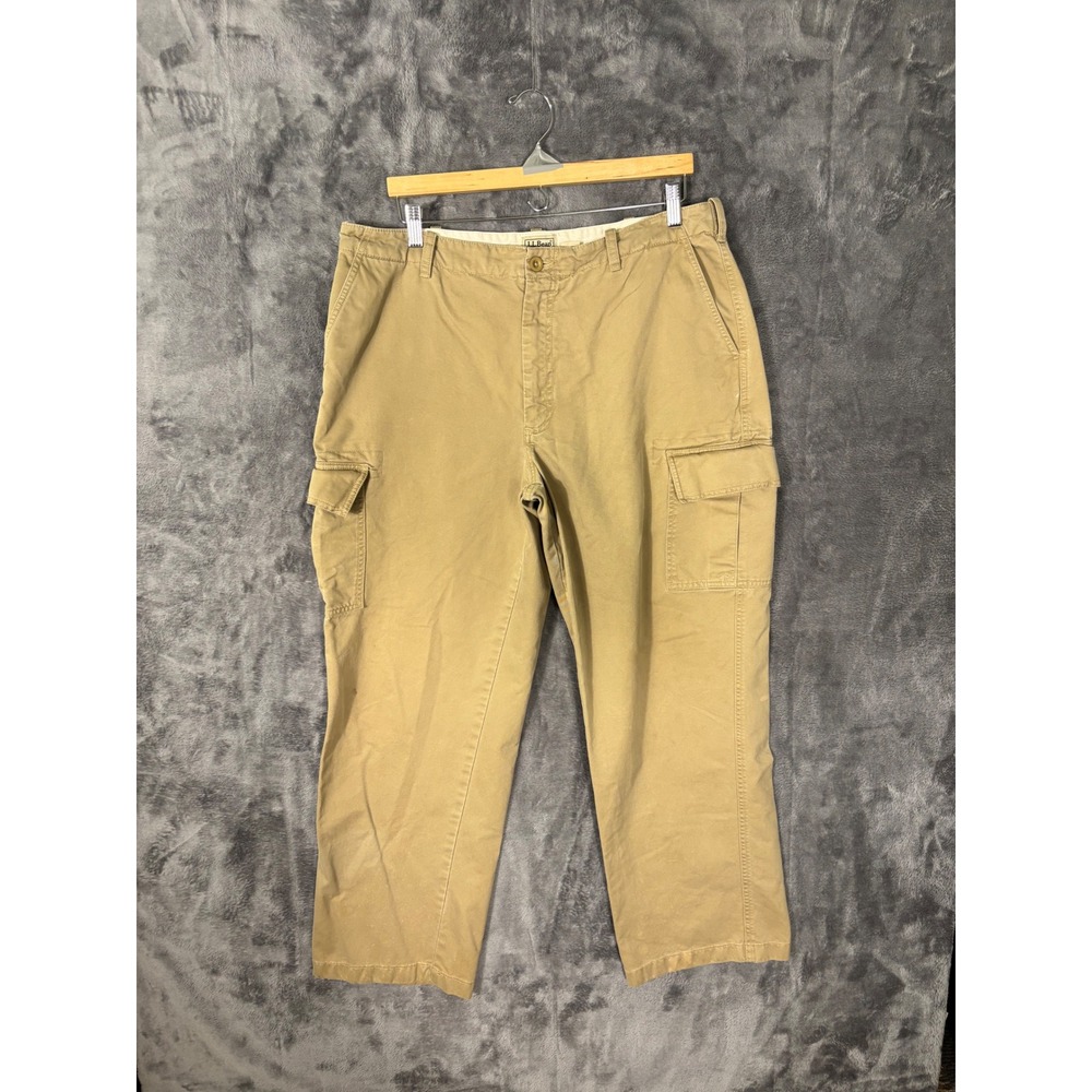LL Bean Mens Khaki Tan Cotton Twill Straight Leg Cargo Pants 37x29.5